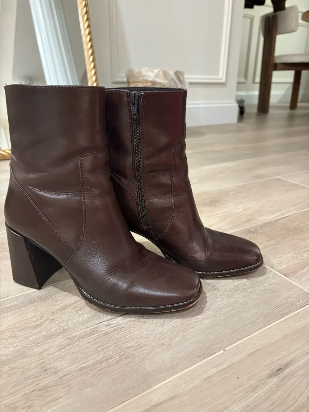 Women's Dark Brown Leather Ankle Boots with Block Heel